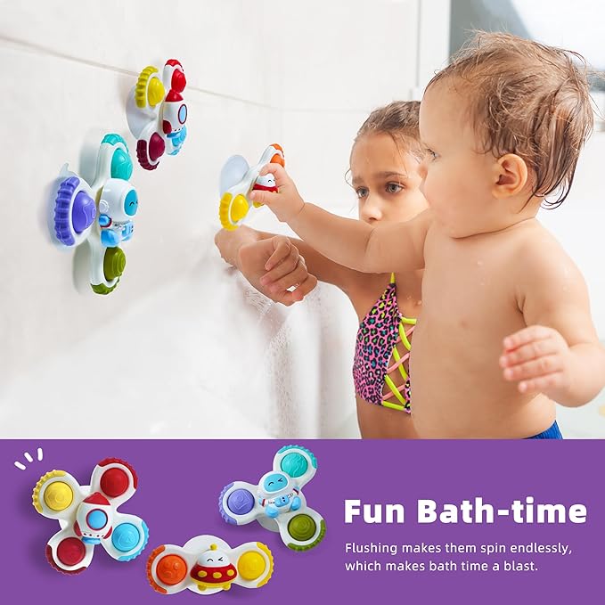LiKee Strong Suction Cup Fidget Rotating Sensory Bath Toys for Baby Christmas Stocking Stuffers, Airplane Car Travel Table & Window Toys for Toddler Boys and Girls, 12+ Months