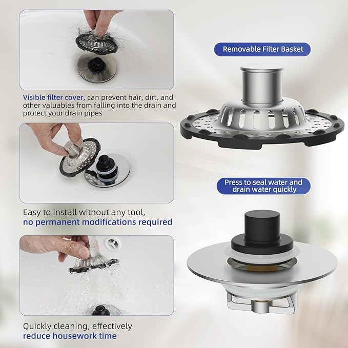 Universal Bathtub Drain Stopper Shower Drain Hair Catcher, Tub Stopper with Visible Top Strainer, Upgraded 3 in 1 Pop-up Drain Plug Fit for 1.5 to 2.4" Hole, Stainless Filter Basket, Brushed Nickel