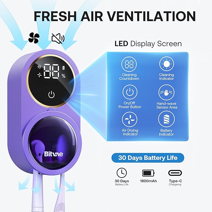 Bitvae Upgraded Tooth Brush Holder for Bathroom 2.0, Infrared Sensing Toothbrush Cleaner, Wall-Mounted for Most Size Toothbrushes, Air Drying, LED Smart Screen, Purple