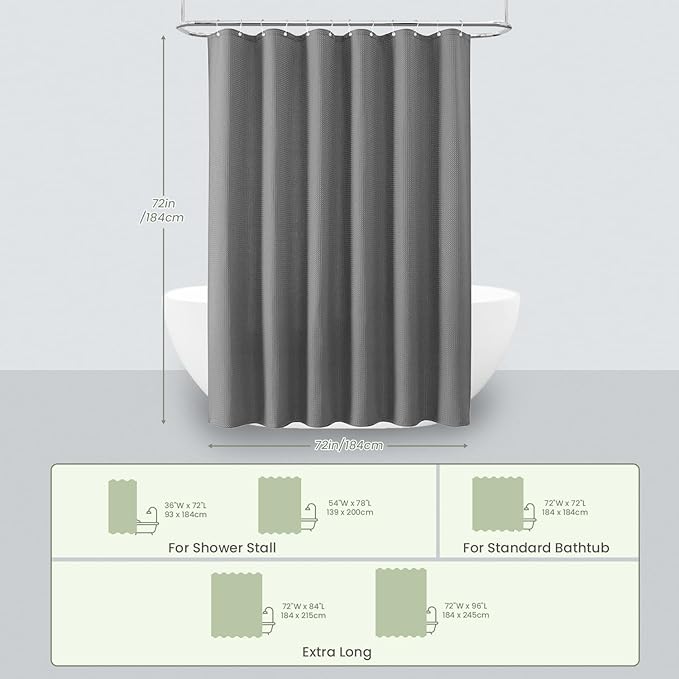 Inhousolu Fabric Shower Curtain Waffle Weave, 230 GSM Heavy Duty, Weighted Hem, 14 Metal Hooks, Water Repellent, Machine Washable, Hotel Spa Luxury Bath Curtain Set, 72 x 72 Inch, Grey