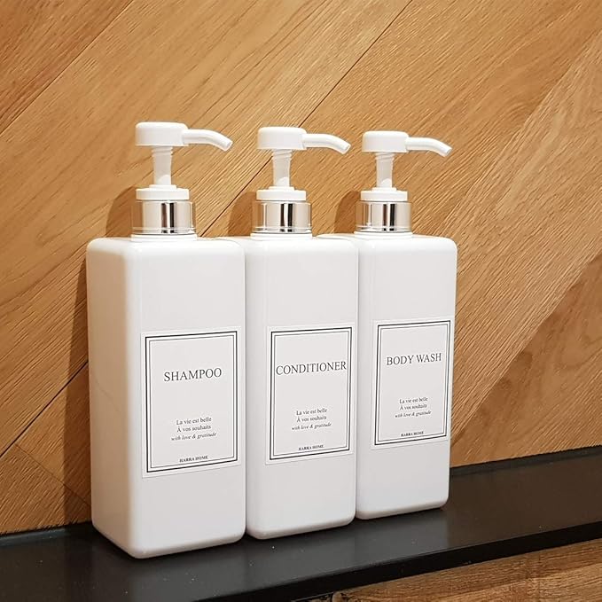 Modern Design Shampoo and Conditioner Dispenser, Large 27oz Shower Soap Dispenser, Set of 3 Refillable Empty Plastic Pump Bottles for Bathroom (6 Waterproof Labels Included), White & Silver