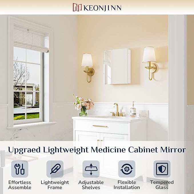 Keonjinn Small-Sized White Medicine Cabinet 14.5 x 18.5 Inch, One Shelf Only, Assembly Required, Mini Medicine Cabinet Mirror for Compact Bathroom, Free Adjustable Shelves, Wall Mount or Recessed