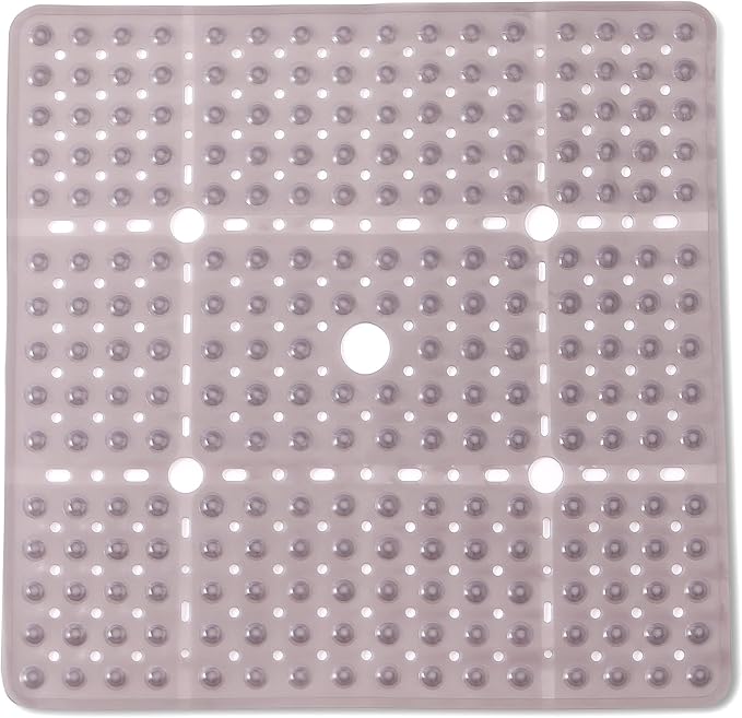 ENKOSI Large 27 x 27 inch Square Non-Slip Shower Mat - Anti Slip Shower Stall Mat for Elderly and Young - Durable Shower Mat with Strong Secure Suction Cups and Drain Holes (27x27 Clear Grey)