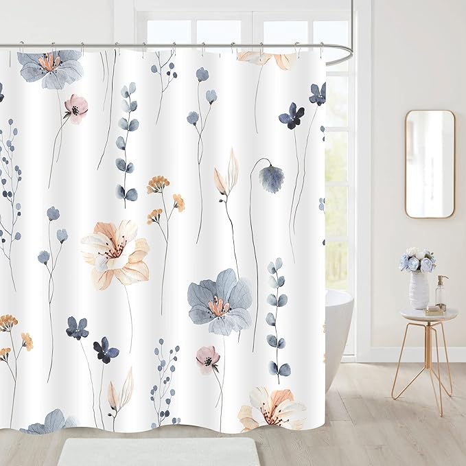 Gibelle Long Shower Curtain 72 x 78, Watercolor Floral Fabric Shower Curtain, Blue Beige Flower Decorative Bathroom Shower Curtain Set