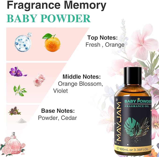 MAYJAM 100ML/3.38FL.OZ Baby Powder Fragrance Oils with Glass Dropper, Essential Oils for Diffusers for Home, Long Lasting Scented Oils for Diffusers Soap Candle Making