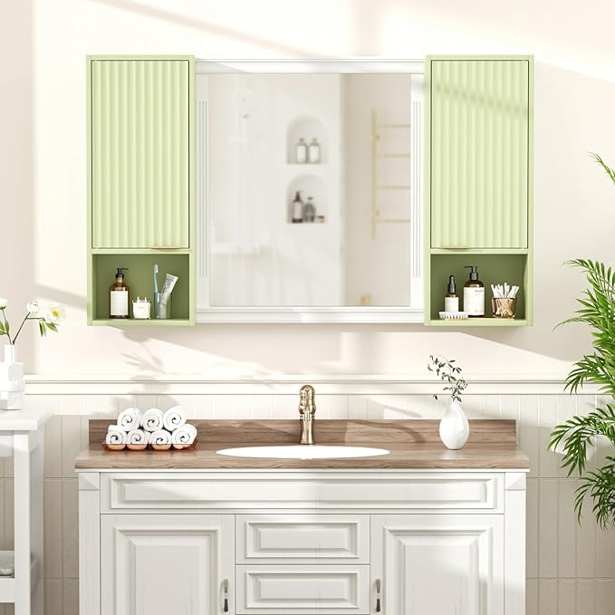 59.1" Tall Slim Bathroom Storage Cabinet Green | Freestanding or Wall Mounted Modular Cabinet, Fluted Panel Linen Tower with Adjustable Shelves for Small Spaces