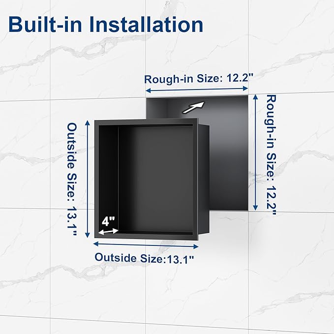 Neodrain Shower Niche Insert Tile Ready Recessed Bathroom Cabinet(Inner Size 12" X 12"), Waterproof Stainless Steel Wall Niche Shelf No Tiled Needed for Shower Storage, Matte Black