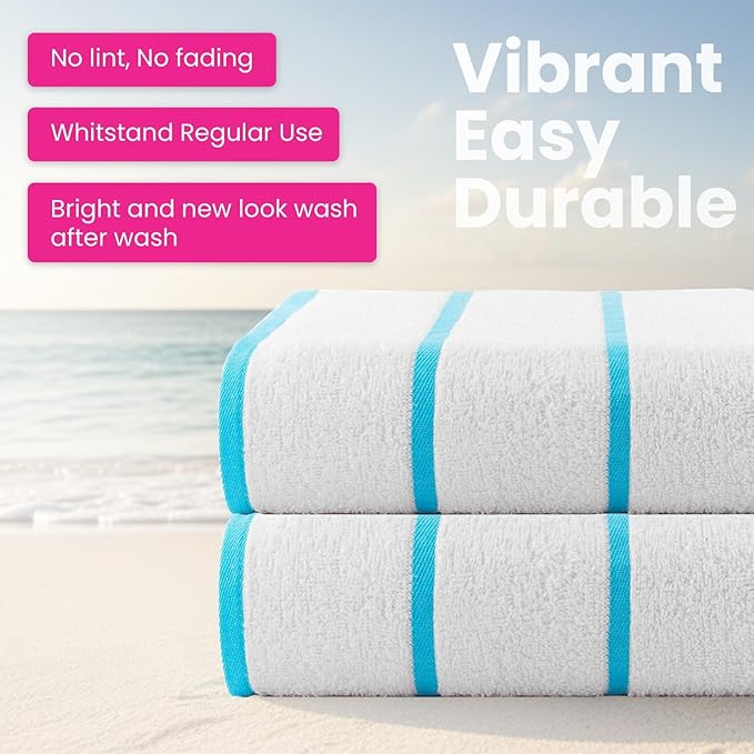 CASA COPENHAGEN Cabana Pool 2 Pieces Large Bath Sheet Set 70" x 35", 550 GSM, Designed in Denmark, Made of Soft Egyptian Cotton for Bathroom, Beach & Shower - White Teal Stripe