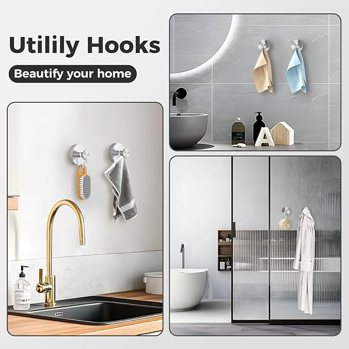 Shower Hooks for Inside Shower,Suction Cup Hooks for Glass Window,Removable Towel Hooks for Bathrooms,6 Packs(Silver)