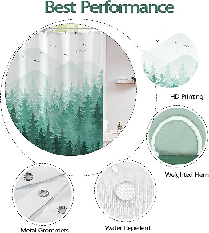 Aipon Teal Misty Forest Shower Curtain Ombre Nature Tree Plants Shower Curtains Fabric Waterproof Mountain Shower Curtain Sets for Bathroom Bath Decor with 12 Hooks (Teal, 72'' × 78'')