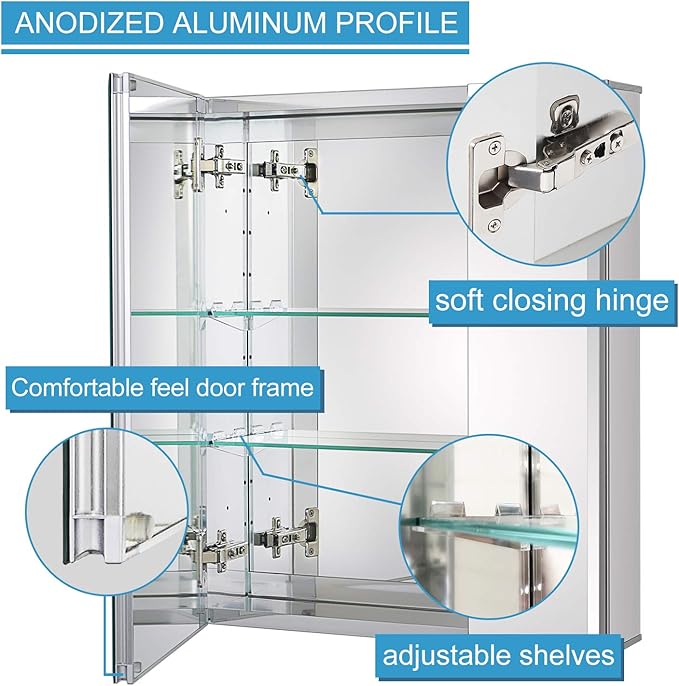 Fundin Bathroom Wall Mount Cabinet with Two Glass Shelves, 20 x 24 Inch Recess or Surface Mount Medicine Cabinet, Frameless Mirror Door Cabinet