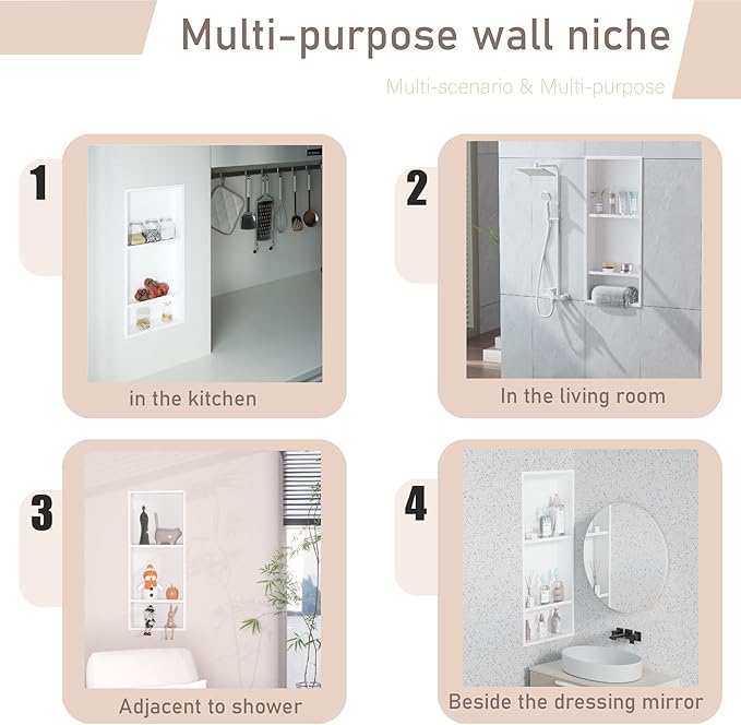 No Tile Needed Shower Niche for Bathroom Storage,Recessed Wall Niche,Three-Tier Shelves,Stainless Steel 12"×30" Matte White (White, 30 * 12 in)