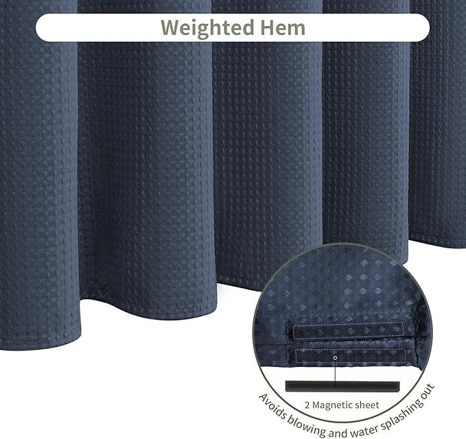 Inhousolu Fabric Shower Curtain Waffle Weave, Navy Blue 230 GSM Heavy Duty, Weighted Hem, 12 Metal Hooks, Water Repellent, Machine Washable, Hotel Spa Luxury Bath Curtain Set, 54 x 78 Inch