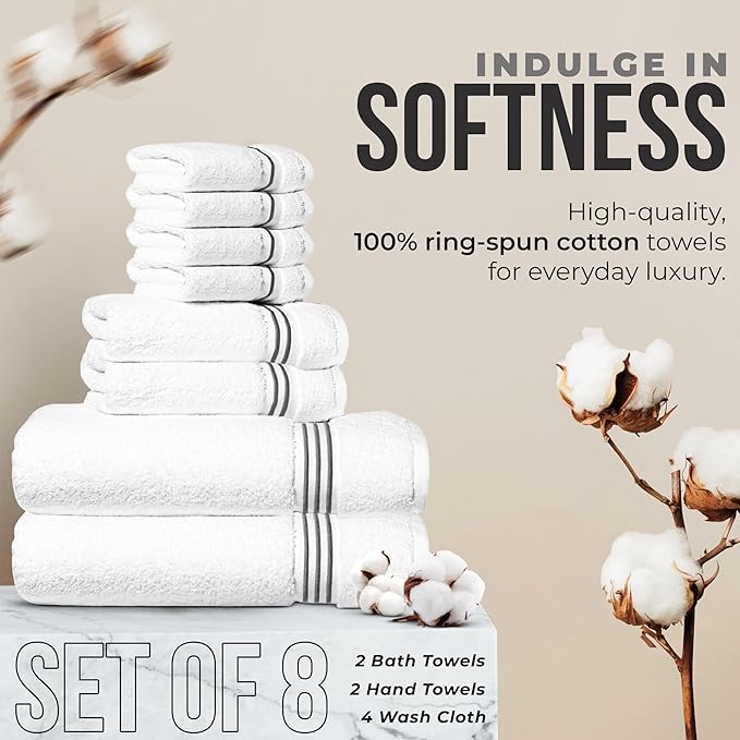 8-Piece Premium Towel Set, 2 Bath Towels, 2 Hand Towels, and 4 Wash Cloths, 100% Ring Spun Cotton Highly Absorbent Towels for Bathroom, Gym, Hotel, and Spa
