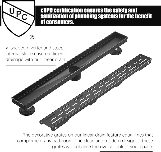 HEATGENE 24-Inch Linear Shower Drain in Matte Black - Stainless Steel Rectangular Shower Floor Drain - Removable Decorative Cover - Adjustable Leveling Feet - CUPC Certified