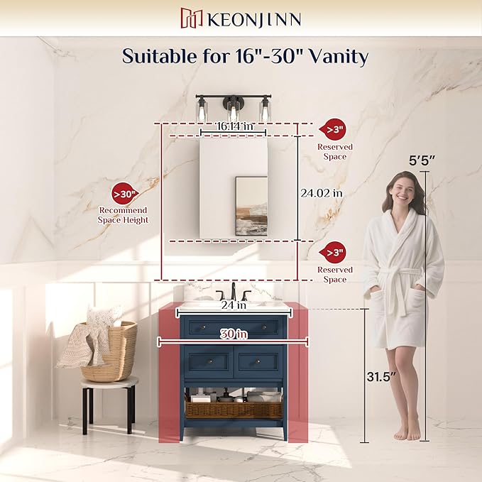 Keonjinn Black Medicine Cabinet for Bathroom with Mirror 16 x 24 Inch, Assembly Required, Lightweight, Tempered Glass, Free Adjustable Shelves, Recessed or Wall Mount, Bathroom Mirrors with Storage
