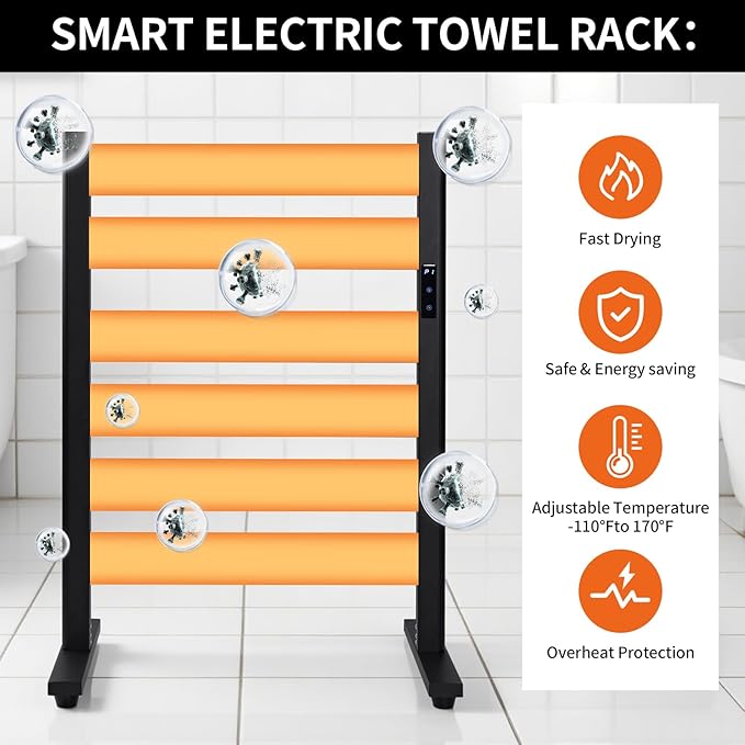 Towel Warmer Rack with 6 Widened Bars, Wall-Mounted Heated Towel Dryer with Timer, LED Display, 3 Temp Levels, Plug Overheat Protection, for Bathroom Spa Laundry (Matte Black)