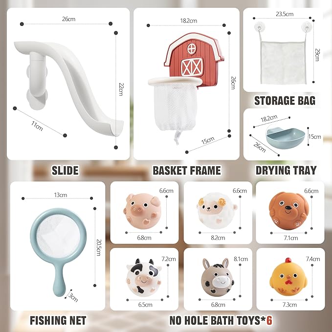 No-Hole Farm Bath Toys for Toddlers 1-3 | Slide, Basketball Hoop & 6 Animal Set | Easy to Clean & Dry Bathtub Play Gifts for Boys Girls