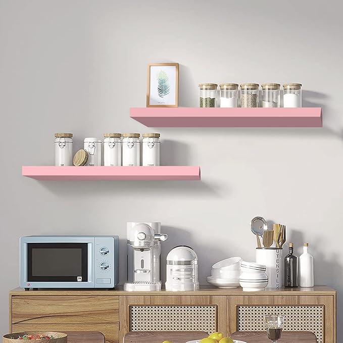 SAUMONIERES 24 Inch Floating Wall Shelves for Bedroom Bathroom Wall Mounted Solid Wood Shelf Storage Decor Set of 2, Pink Floating Shelves