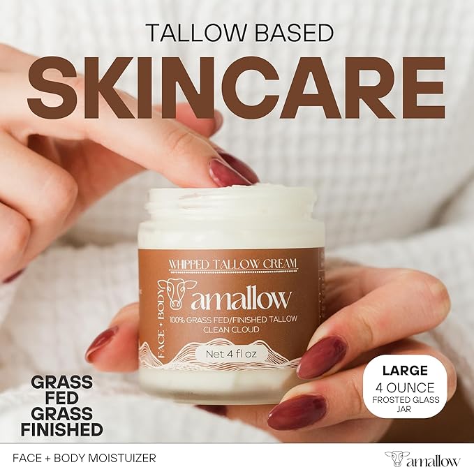 Amallow 100% Grass Fed Beef Tallow for Skin Care - Face + Body - Whipped Moisturizer - Natural Lotion, 4 FL. oz. (Clean Cloud)