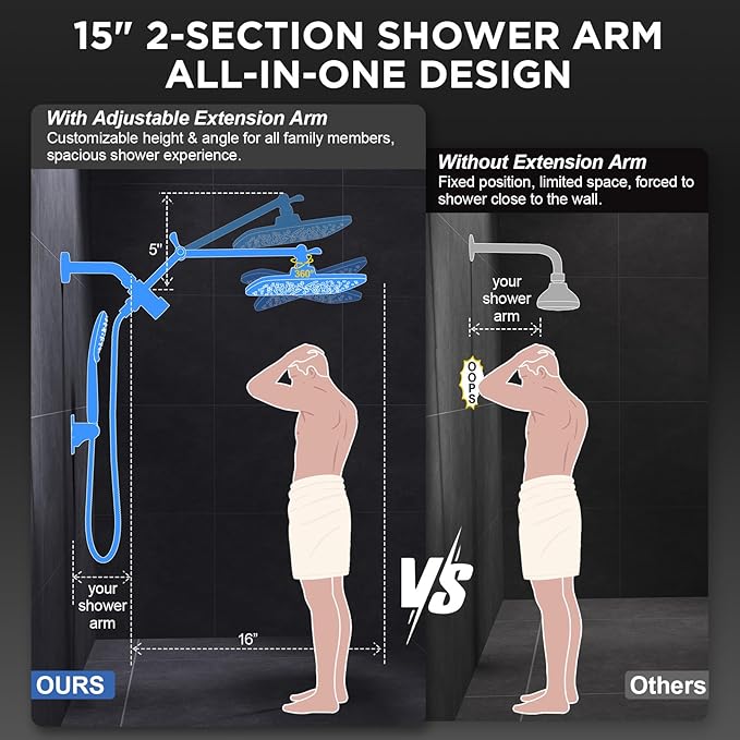 Veken 11.8" Rain Shower Head with Handheld, High Pressure Handheld Shower with Multi Spray Modes, Rainfall Combo with 15" Metal Extension Arm, Detachable Dual Shower, Bathroom Decor, Chrome Silver