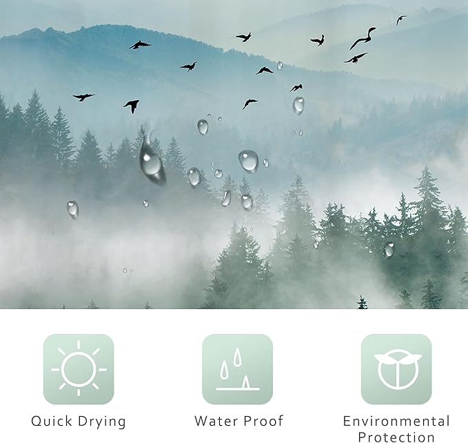 Riyidecor Green Mountain Shower Curtain 72Wx96H Inch Extra Long Nature Rustic Woodland Tree Scenery,Alpine Landscape Natural Foggy Mens Bathroom Decor Fabric Polyester Waterproof 12 Pack Hooks