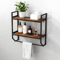 POWERSTONE 2-Tier Bathroom Towel Rack Industrial Wall Mounted Shelf with Towel Bar, Over The Toilet Storage Shelf with Metal Frame for Bathroom Kitchen Laundry Room Rustic Brown