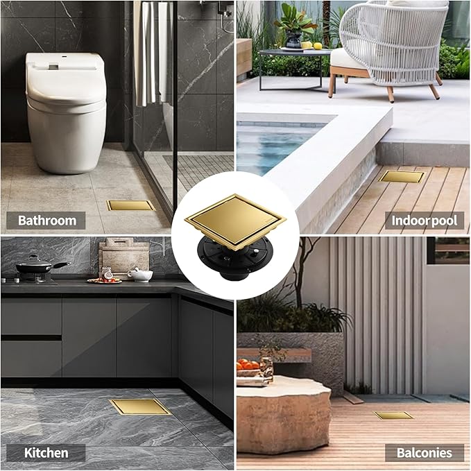 Hidden Brushed Square Shower Floor Drain, Gold 6 inch, 304 Stainless Steel, with Flange, Detachable Cover Embedded in Ceramic Tiles