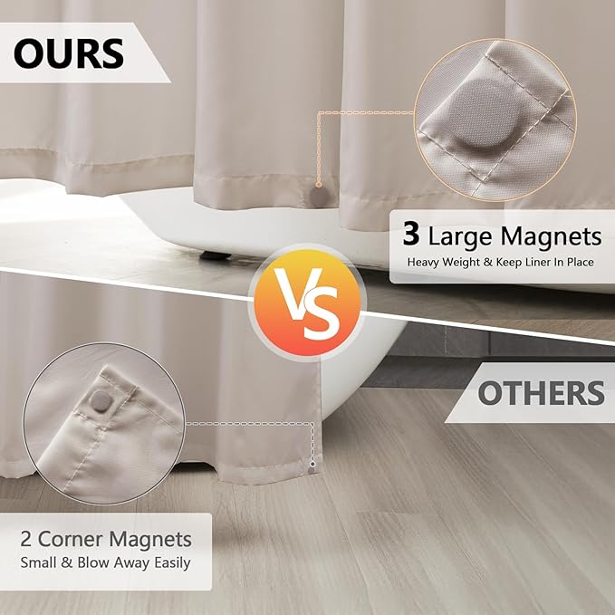Waterproof Fabric Long Shower Curtain Liner with 3 Extra-Large Magnets, 72 x 78 inch Extra Long Khaki Cloth Shower Liner Machine Washable, Hotel Quality Lightweight Shower Curtain for Bathroom
