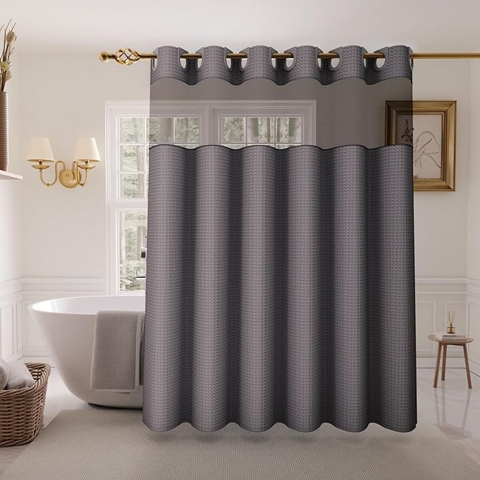 Inhousolu No Hook Shower Curtain with Snap in Fabric Liner Set Waffle Weave 230GSM Weighted Hem, Waterproof & Washable Bathroom Curtain Spa Luxury with Mesh Top Window 72" W x 72" L Graphite Grey