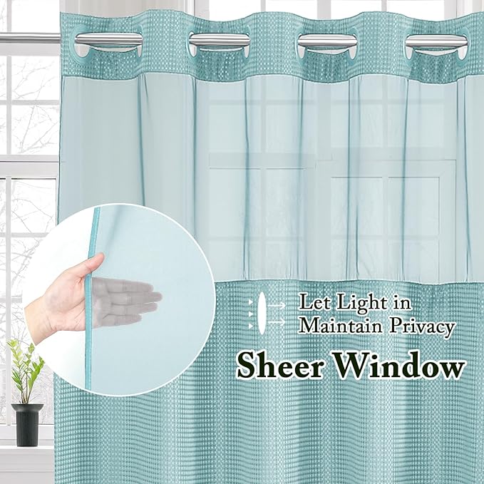 Gibelle Long Shower Curtain 72x80, Waffle Weave Bathroom Shower Curtain with Snap-in Fabric Liner Set, No Hooks Needed, Hotel Style with Mesh Top Window, Teal