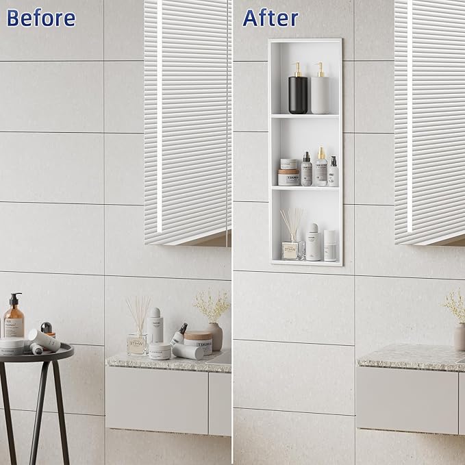 No Tile Needed Shower Niche - 304 Stainless Steel Niche Shower with 3- Tier Shelves Recessed Wall Niches for Bathroom Storage (White, 36 X 12 X 4.13 Inches, 3)