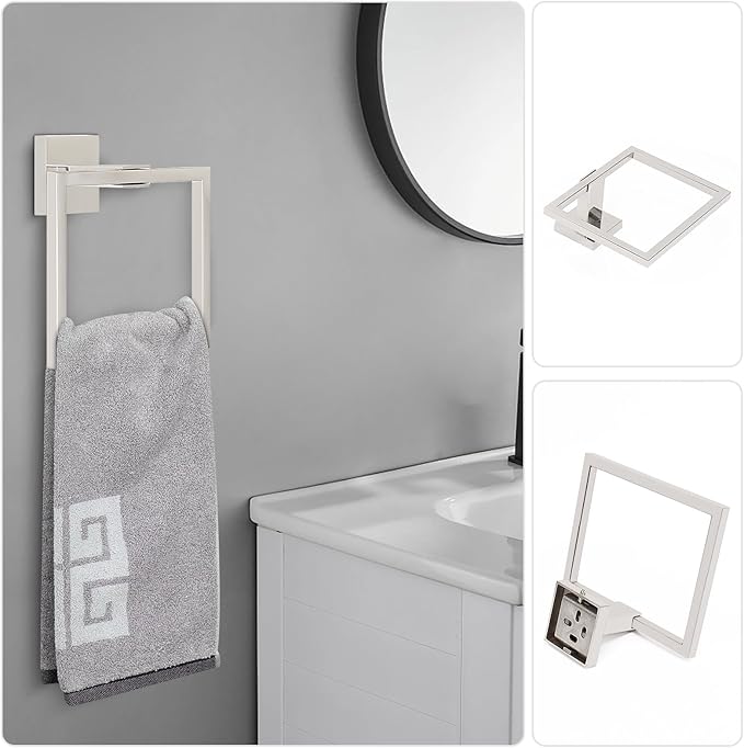 NearMoon 5 Pieces Bathroom Hardware Set 304 Stainless Steel - Square Towel Rack Set Include 16" Towel Rod + Towel Ring + Toilet Paper Holder + 2 Robe Towel Hooks Bathroom Accessories (Chrome Finish)