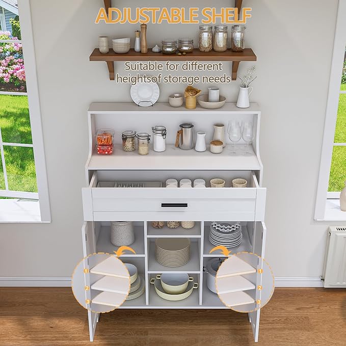 Storage Cabinet with Doors and Drawers, Kitchen Storage Cabinet with 1 Large Drawer,2 Doors,and 2 Adjustable Shelves,for Bathroom/Kitchen/Living Room/Entrance Hall (White)