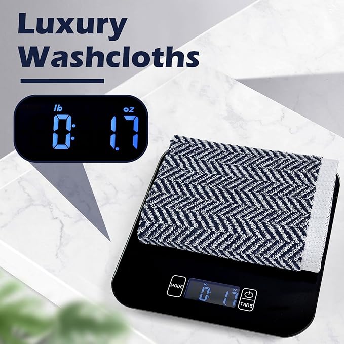 Cleanbear Wash Cloths for Showering with Striped Herringbone Patterns, 12 Cotton Washcloths for Bathroom, Large 13 X 13 Inches, Navy-Blue