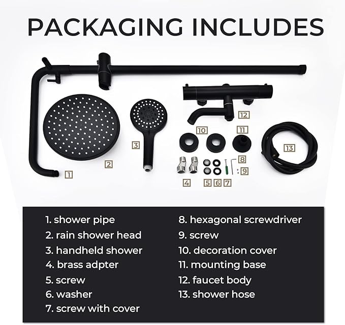Outdoor Shower Faucet Set 8" Square Shower Head 3 Function Thermostatic Rainfall Shower Fixtures, Handheld Sprayer Tub Spout with Constant Temperature with Height Adjustable Slide Bar