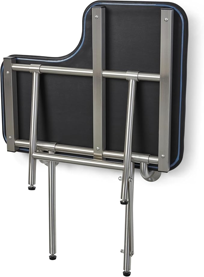28" x 22.5" Black Padded Wall Mount Folding Left-Handed Transfer Bench Shower Seat with Legs, ADA Compliant