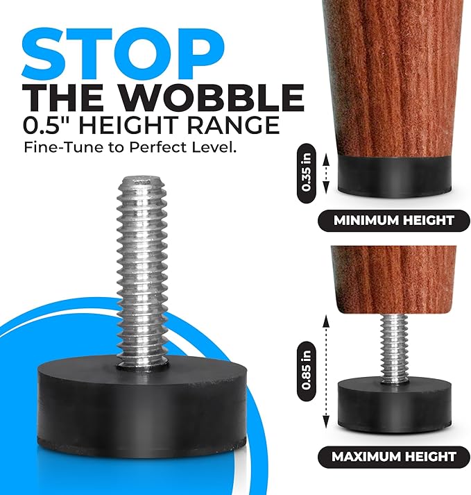 12 Pack All-Rubber 1/4"-20 UNC Leveling Feet with Inserts, Adjustable Levelers for Table Chair Stool Legs - 0.35" to 0.85" Height Range, Anti-Slip