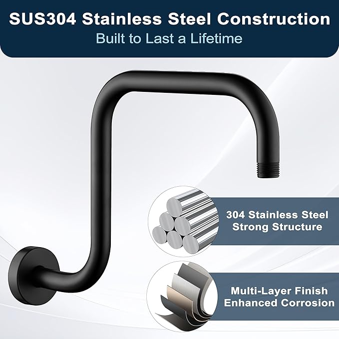 BRIGHT SHOWERS Shower Head Extension Arm 13 Inch S Shaped Gooseneck Shower Riser with Flange, Long Stainless Steel Rainfall Shower Pipe Arm Extender and Shower Neck Replacement, Matte Black