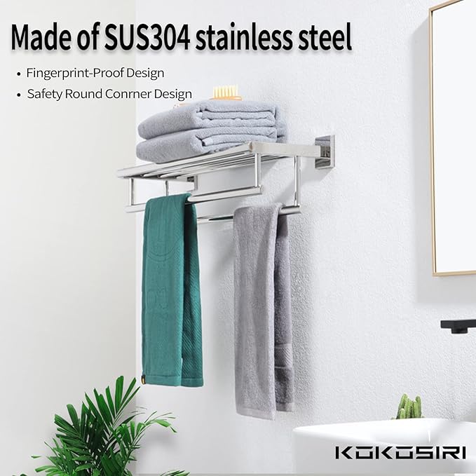 KOKOSIRI Bathroom Towel Rack Towel Holder 20 Inch Towel Shelf with Double Towel Bars Wall Mounted SUS 304 Stainless Steel, Polished Chrome, B6005CH-L20