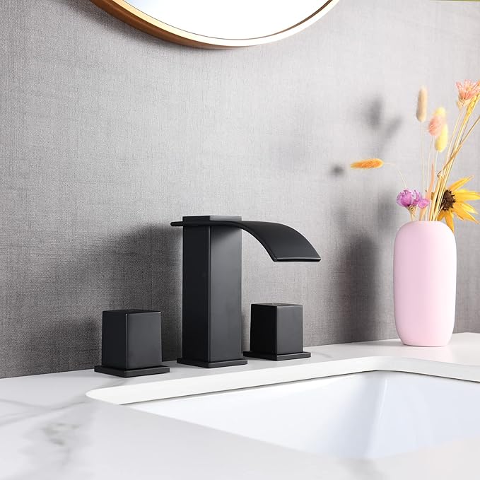 Luxury Brass 8 Inch Spread Modern Widespread Waterfall Bathroom Sink Faucets with Copper Valve for 3 Hole 2-Handle Deck Bathroom Vanity Faucet, &Stainless Steel Pop-up Drain Assembly, Matte Black