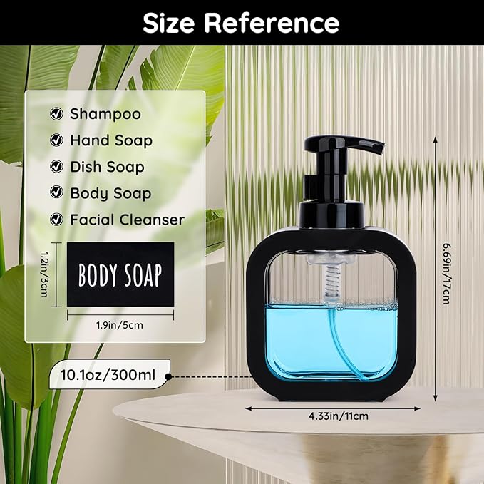Segbeauty 10.1oz Black Foaming Soap Dispenser, 2pcs 300ml Square Refillable Dish Soap Foam Dispenser for Kitchen Cleaning, Empty Bathroom Shampoo Body Wash Foam Soap Pump Bottles with Pump Stickers