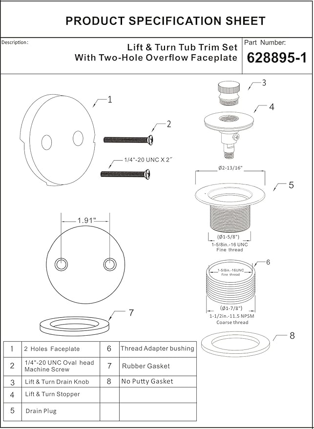 Matte Black Lift & Turn Tub Trim Set with Two-Hole Overflow Faceplate and No Putty Gasket, Bathtub Conversion Kit Assembly with Universal Fine/Coarse Thread, No Putty Installation by Artiwell