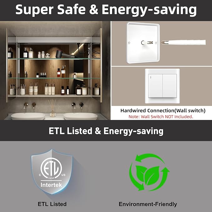 Medicine Cabinet with LED Lights and Mirror, 48 x 32 Inch Surface or Recessed Mounted Bathroom Cabinets with Door, Defogger, Memory Function, 3-Color Mode, Outlet&USB, Dimmer, Storage Shelf