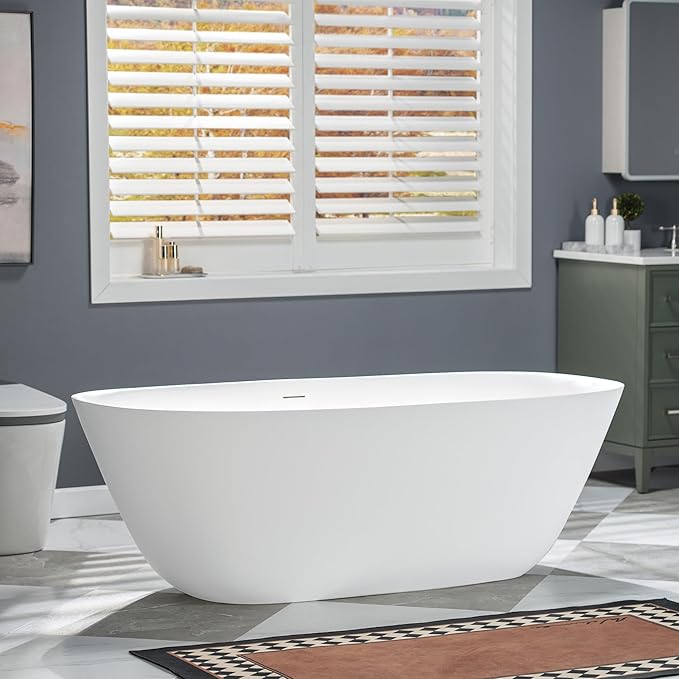 WOODBRIDGE 67" L x 32-5/8" W Luxury Contemporary Solid Surface Stone Resin Freestanding Bathtub in Matte White