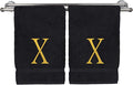 Monogrammed Hand Towel, Personalized Initial Gift, Extra Absorbent 100% Turkish Cotton - Soft Terry Finish - Set of 2 - Gold Block Initial X - Embroidered on Black Towels