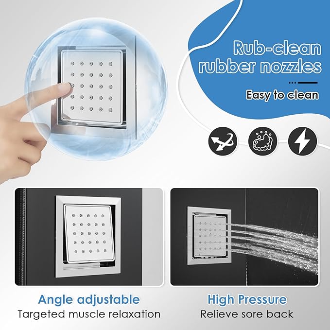 ROVOGO Shower Panel Tower System with Led Lights Rainfall Waterfall Shower Head, 2 Big Body Jets, Handheld and Tub Spout, Shower Column Stainless with Mixer Valve, Black