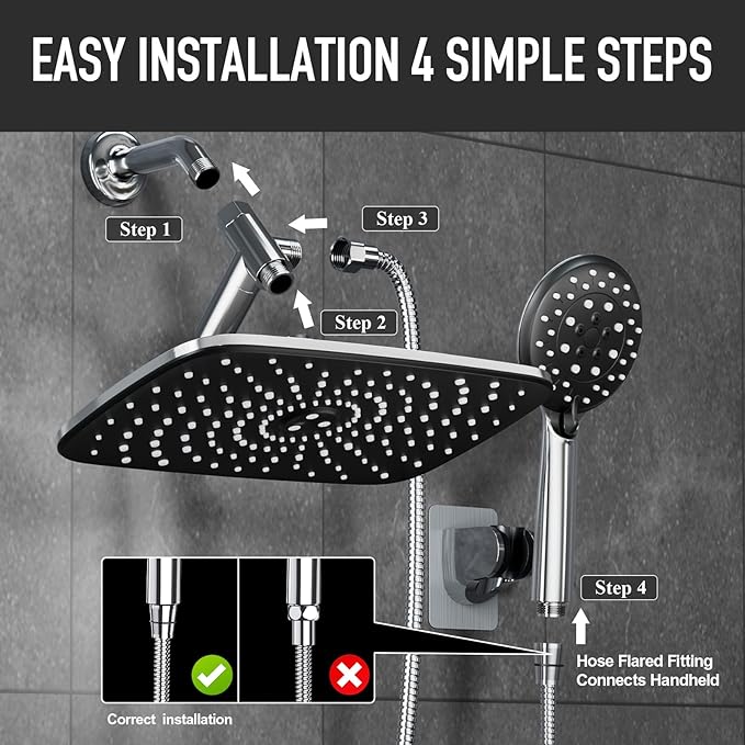 Veken 11.8'' Rain Shower Head with Handheld, High Pressure Rainfall Showerhead Combo with 5 Handheld Water Spray Modes for Bathroom Accessories, Home Decor, Detachable Dual Shower Heads, Chrome Silver