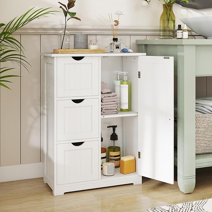 Tangkula Bathroom Floor Cabinet, Freestanding Storage Cabinet with 3 Drawers & Single Door, Adjustable Shelf, Multipurpose Bathroom Storage for Home Office, 23.5 x 12 x 32 Inches (3 Drawers, White)