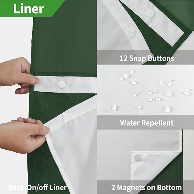 Long No Hooks Needed Linen Textured Shower Curtain with Snap-in Fabric Liner Set,Hotel Luxury Decor Shower Curtains for Bathroom,Waterproof & Washable,71Wx80H,Emerald Green